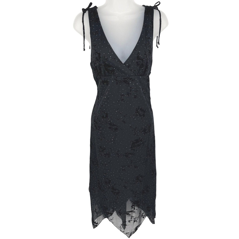 VTG Y2K City Triangles Dress Women L Black Sheer Floral Velvet Fairy Whimsigoth